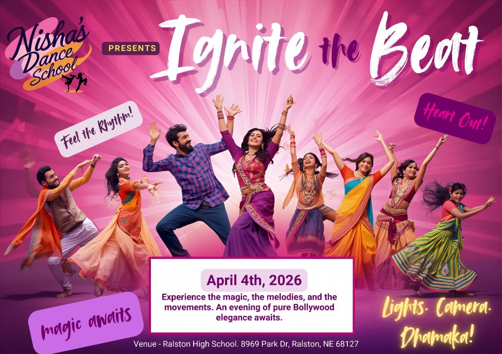 Ignite the Beat — Nisha's Dance School Bollywood dance show flyer, April 4th 2026